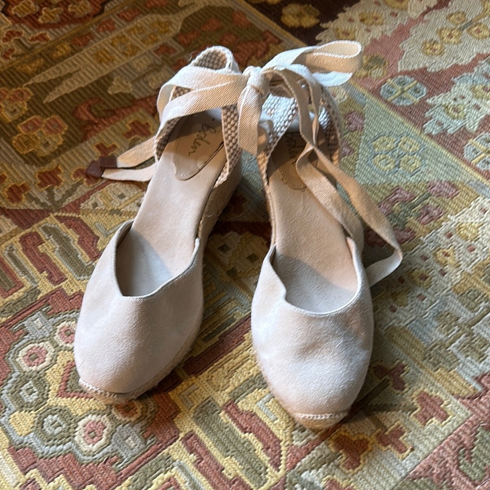 Boden Cream Suede Espadrilles with Ankle Tie Straps